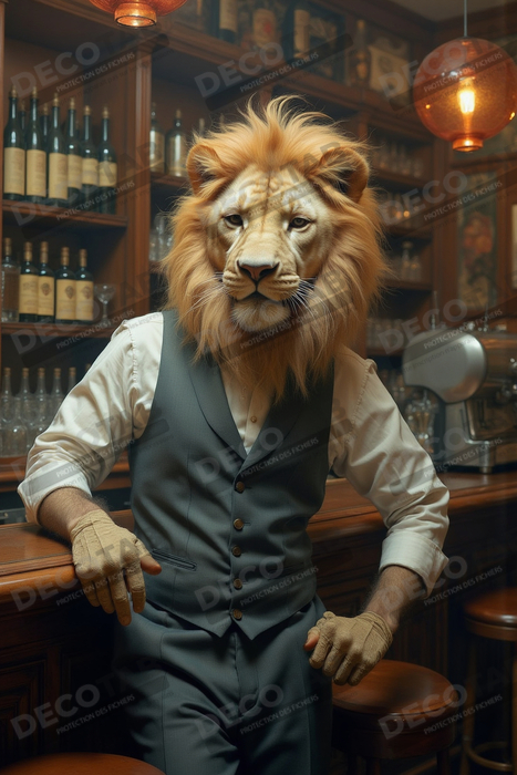 Tableau lion serveur vintage - Animal anthropomorphe chic dans un bar rétro