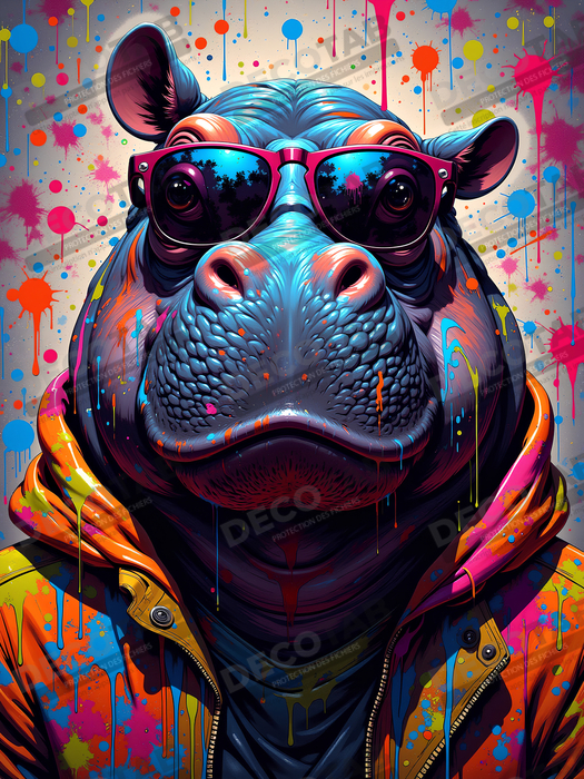 Tableau hippopotame graffiti - Art mural coloré et extravagant
