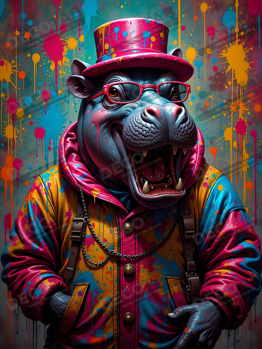 Tableau hippopotame graffiti - Art mural coloré et extravagant