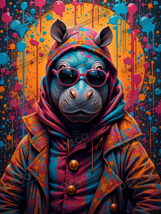 Tableau hippopotame graffiti - Art mural coloré et extravagant
