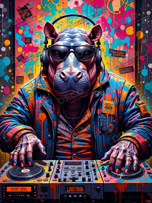 Tableau hippopotame graffiti - Art mural coloré et extravagant