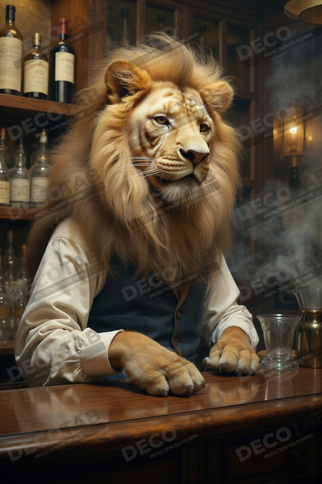 Tableau lion serveur vintage - Animal anthropomorphe chic dans un bar rétro