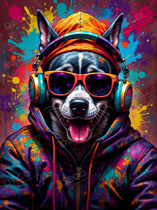 Tableau chien graffiti - Art mural urbain coloré et fun