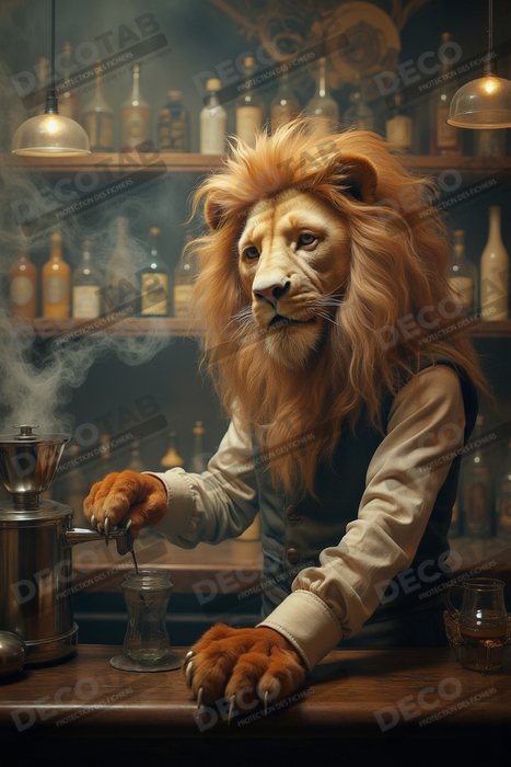 Tableau lion serveur vintage - Animal anthropomorphe chic dans un bar rétro