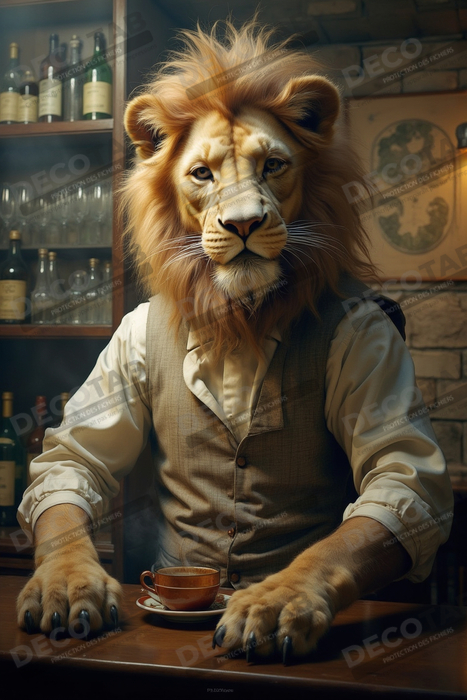 Tableau lion serveur vintage - Animal anthropomorphe chic dans un bar rétro