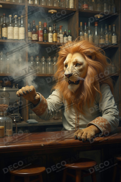 Tableau lion serveur vintage - Animal anthropomorphe chic dans un bar rétro