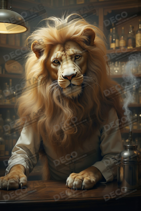 Tableau lion serveur vintage - Animal anthropomorphe chic dans un bar rétro