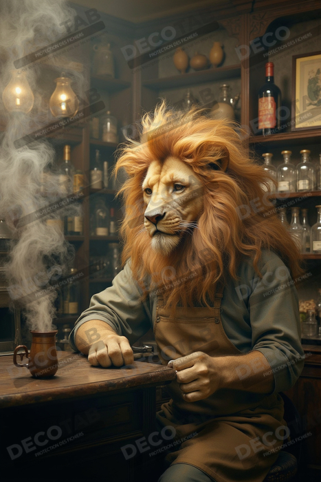 Tableau lion serveur vintage - Animal anthropomorphe chic dans un bar rétro