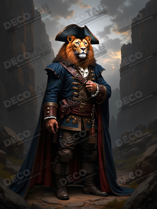 Tableau lion pirate - Portrait d'animal en costume marin stylisé