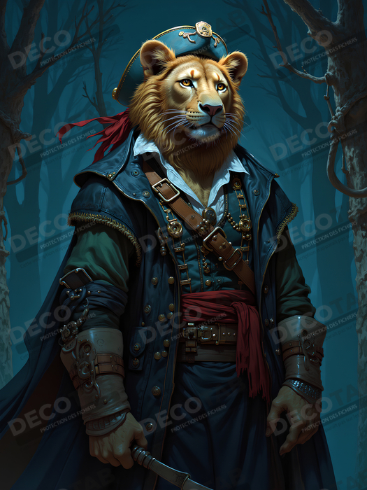 Tableau lion pirate - Portrait d'animal en costume marin stylisé