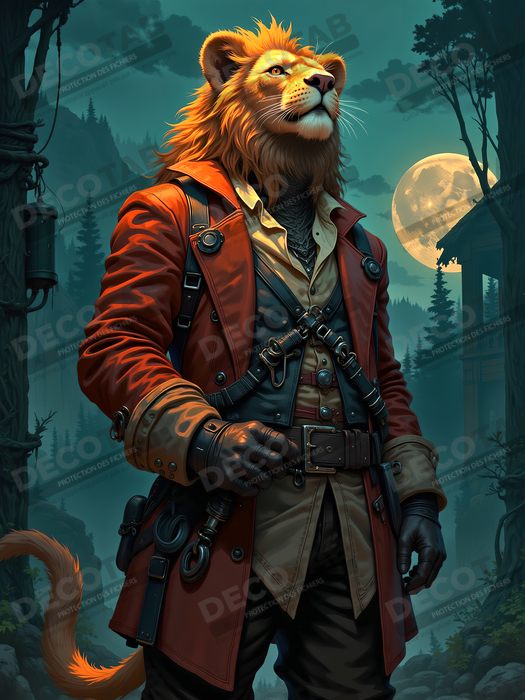 Tableau lion pirate - Portrait d'animal en costume marin stylisé