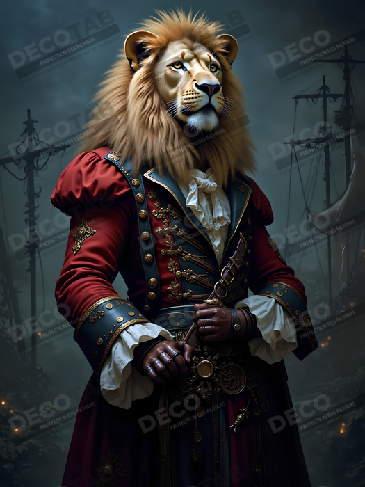 Tableau lion pirate - Portrait d'animal en costume marin stylisé