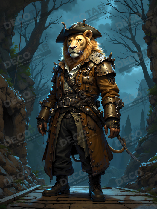 Tableau lion pirate - Portrait d'animal en costume marin stylisé