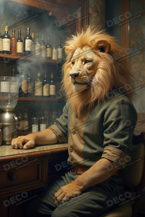 Tableau lion serveur vintage - Animal anthropomorphe chic dans un bar rétro