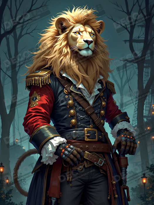 Tableau lion pirate - Portrait d'animal en costume marin stylisé