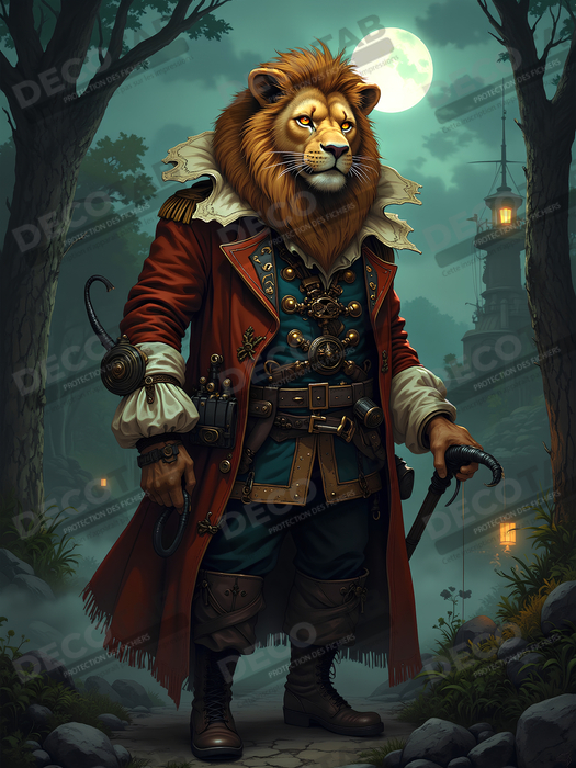 Tableau lion pirate - Portrait d'animal en costume marin stylisé