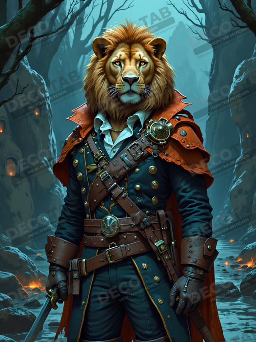 Tableau lion pirate - Portrait d'animal en costume marin stylisé