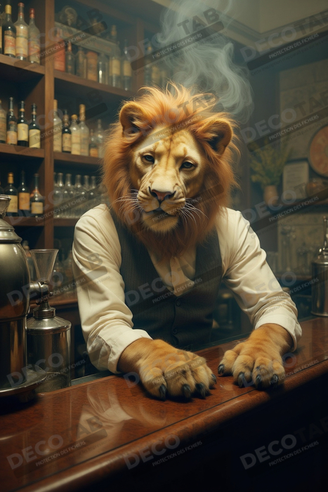 Tableau lion serveur vintage - Animal anthropomorphe chic dans un bar rétro
