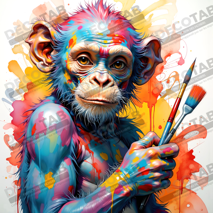 Tableau chimpanzé artiste - Pop art malicieux et coloré