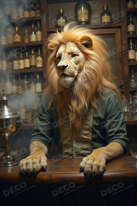 Tableau lion serveur vintage - Animal anthropomorphe chic dans un bar rétro