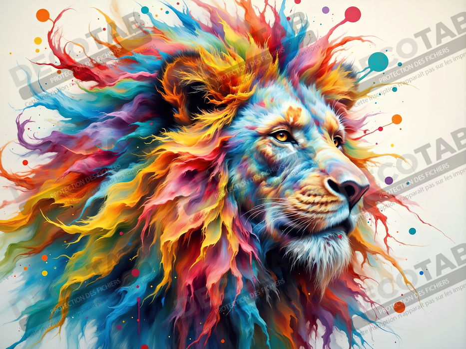 Tableau lion cosmique - Crinière colorée et atmosphère nébuleuse