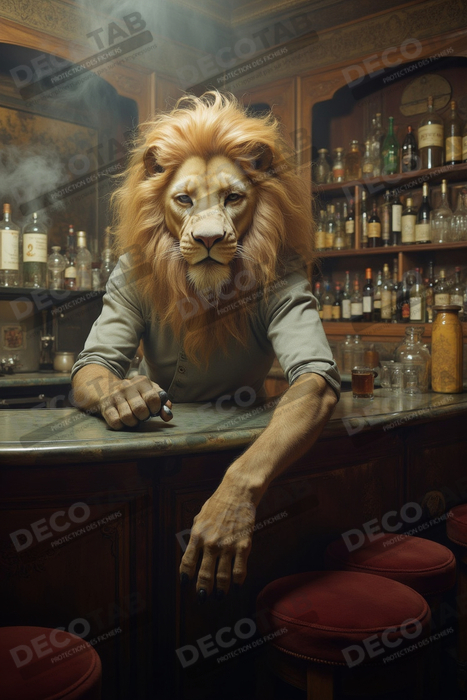 Tableau lion serveur vintage - Animal anthropomorphe chic dans un bar rétro