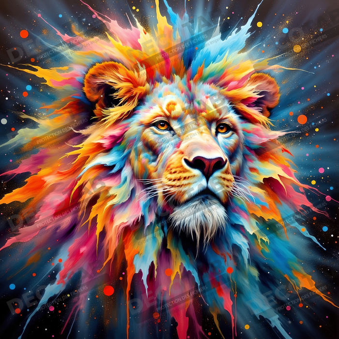 Tableau lion cosmique - Crinière colorée et atmosphère nébuleuse