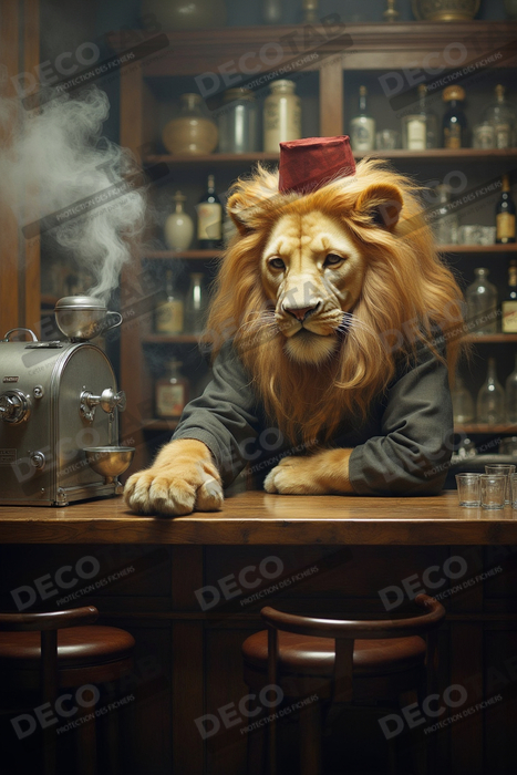 Tableau lion serveur vintage - Animal anthropomorphe chic dans un bar rétro
