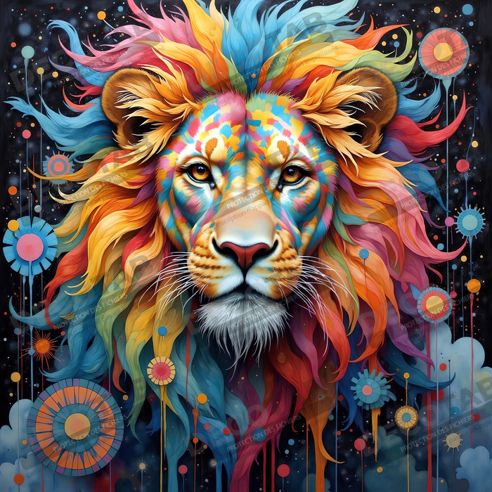 Tableau lion new age - Portrait coloré et esthétique psychédélique