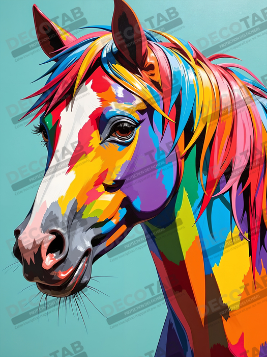Tableau cheval pop art fond gris bleu