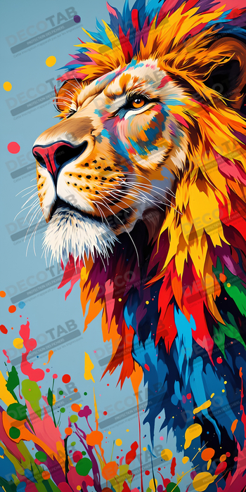 Tableau lion pop art - Crinière arc-en-ciel sur fond bleu-gris