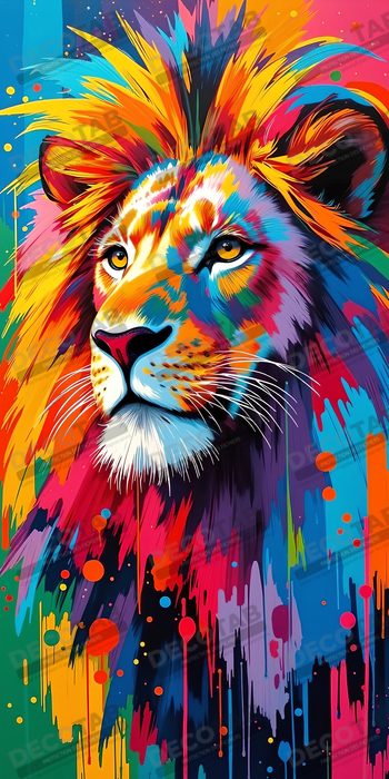 Tableau lion pop art - Crinière arc-en-ciel sur fond bleu-gris