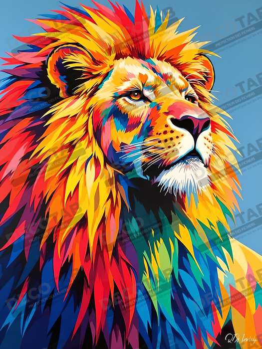 Tableau lion pop art - Crinière arc-en-ciel sur fond bleu-gris