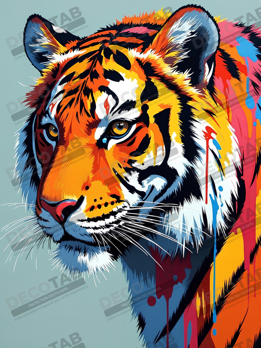 Tableau tigre pop art - Portrait vibrant sur fond bleu-gris