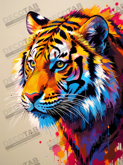 Tableau tigre pop art - Explosion de couleurs sur fond clair