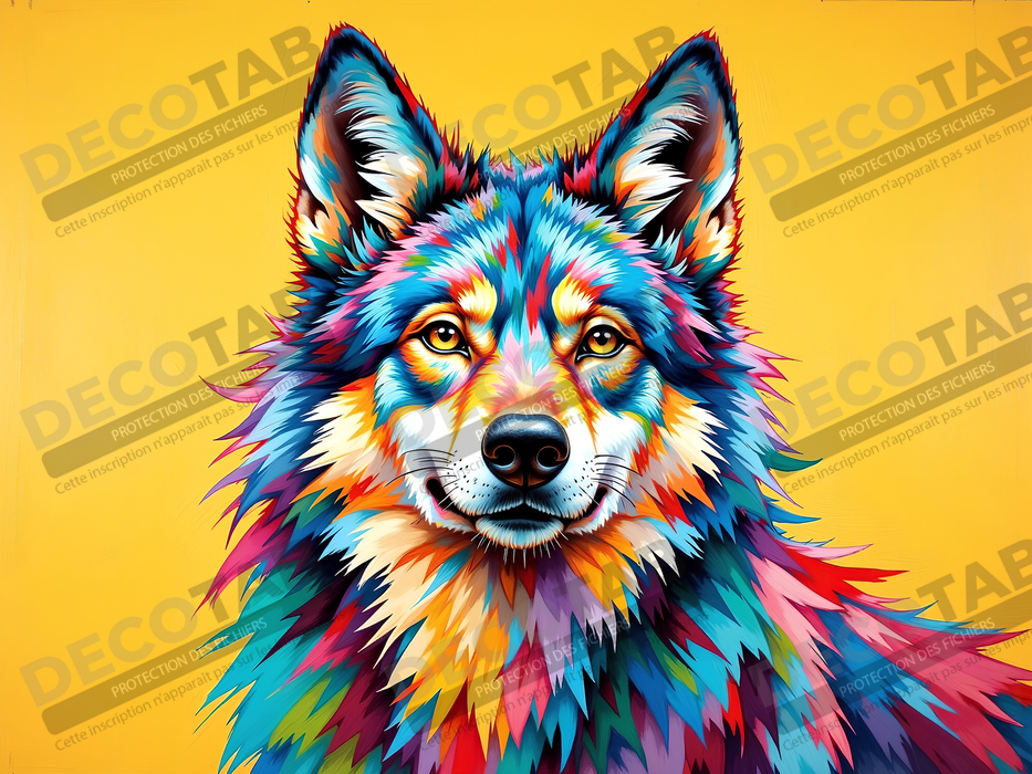 Tableau loup pop art fond jaune - Portrait moderne et expressif