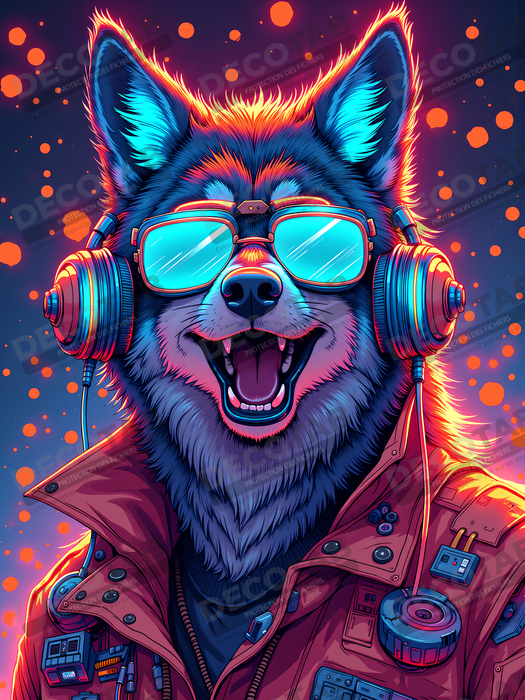 Tableau loup punk pop - Portrait néon et psychédélique