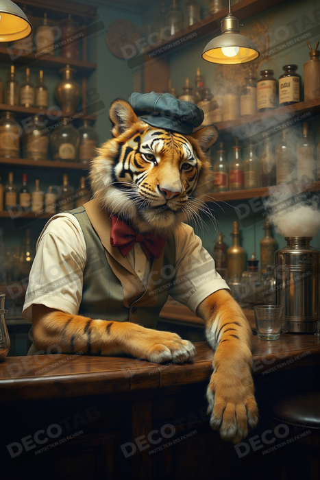 Tableau tigre serveur vintage - Animal anthropomorphe élégant dans un bar rétro