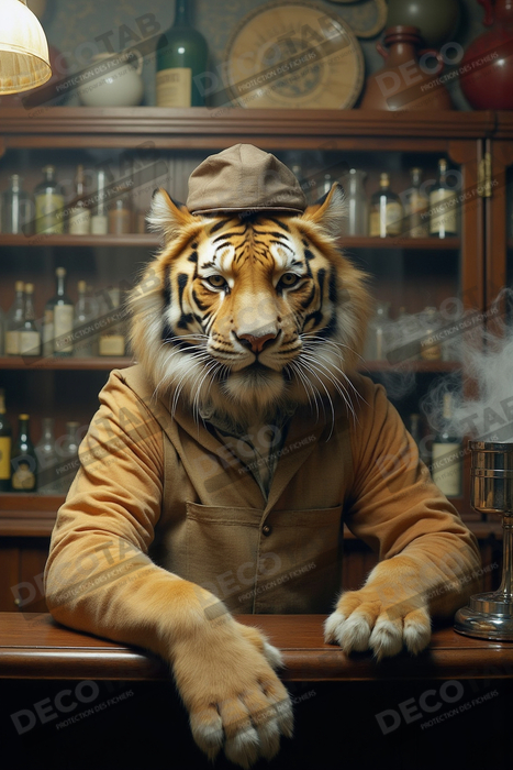 Tableau tigre serveur vintage - Animal anthropomorphe élégant dans un bar rétro