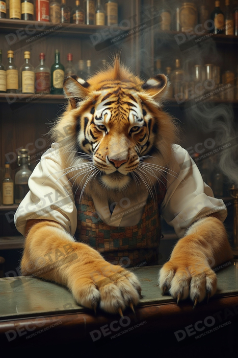 Tableau tigre serveur vintage - Animal anthropomorphe élégant dans un bar rétro