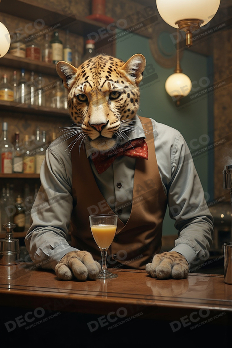 Tableau léopard serveur vintage - Animal anthropomorphe élégant dans un bar rétro