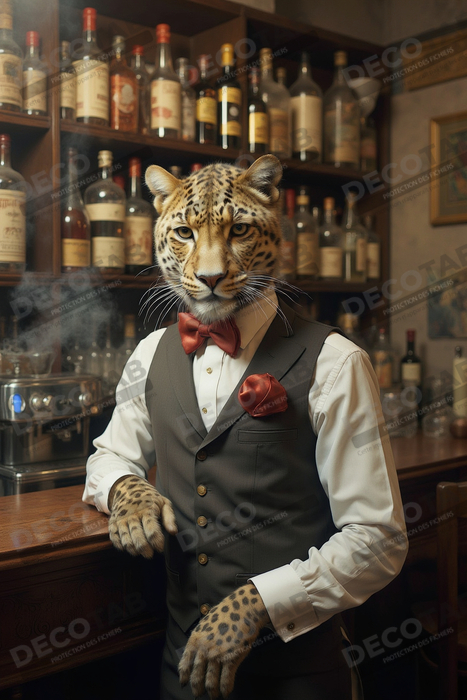 Tableau léopard serveur vintage - Animal anthropomorphe élégant dans un bar rétro