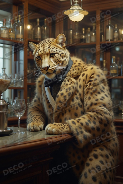Tableau léopard serveur vintage - Animal anthropomorphe élégant dans un bar rétro