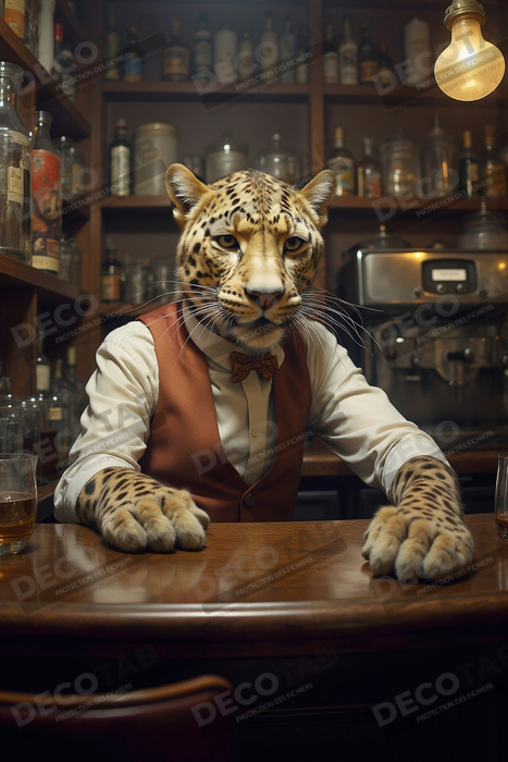 Tableau léopard serveur vintage - Animal anthropomorphe élégant dans un bar rétro