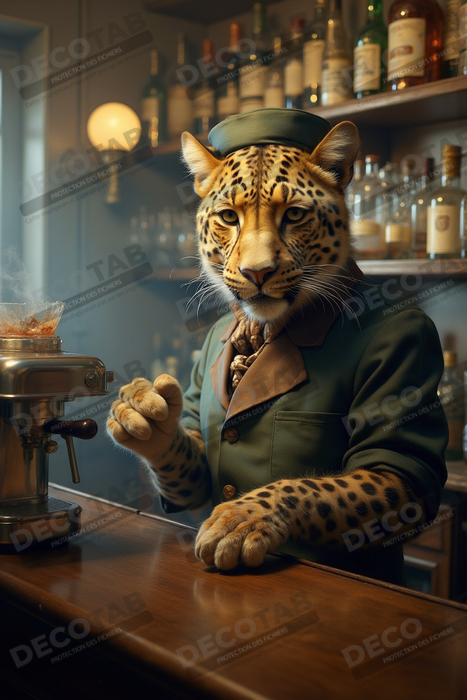 Tableau léopard serveur vintage - Animal anthropomorphe élégant dans un bar rétro