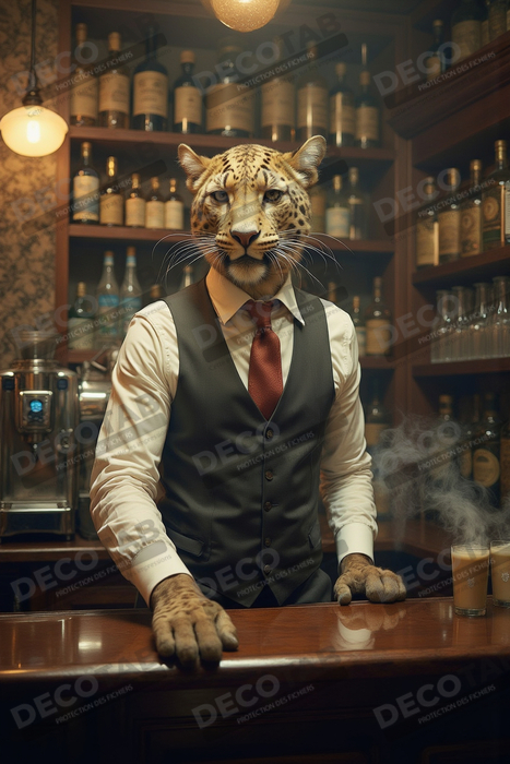 Tableau léopard serveur vintage - Animal anthropomorphe élégant dans un bar rétro