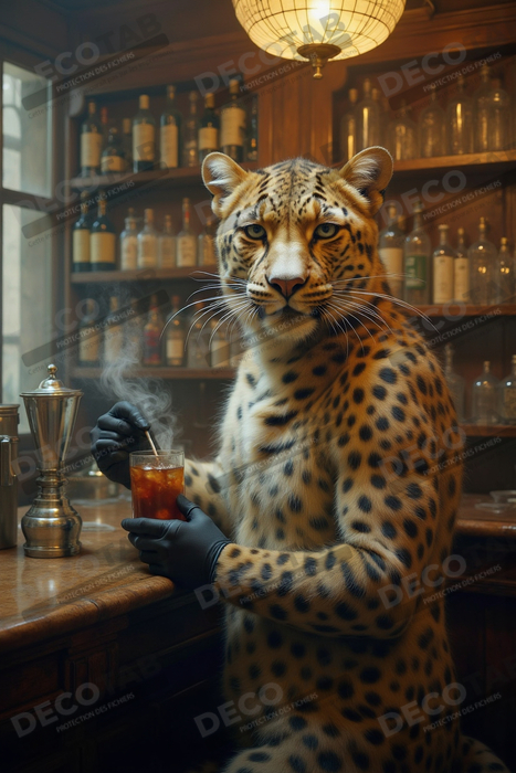 Tableau léopard serveur vintage - Animal anthropomorphe élégant dans un bar rétro