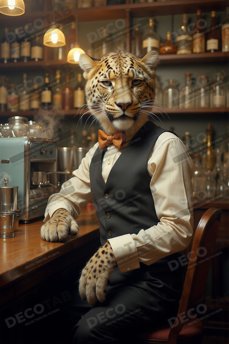 Tableau léopard serveur vintage - Animal anthropomorphe élégant dans un bar rétro