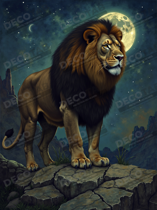 Tableau lion féerique - Portrait magique sous une nuit étoilée