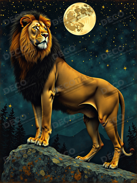 Tableau lion féerique - Portrait magique sous une nuit étoilée